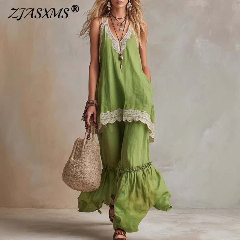 Lace Trim Cami - Damen Spitzenbesatz 2-teiliges Set V-Ausschnitt Ärmelloses