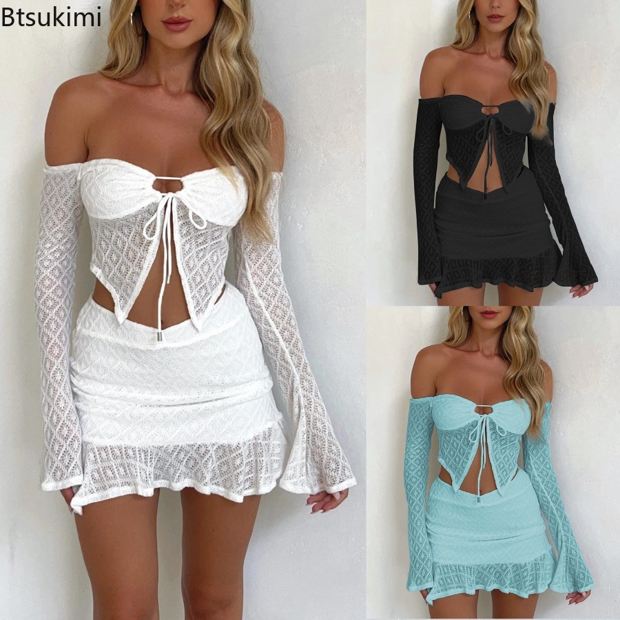 Lace Trim Cami - Neue Damen Sexy 2-Teilige Sets Schulterfreies