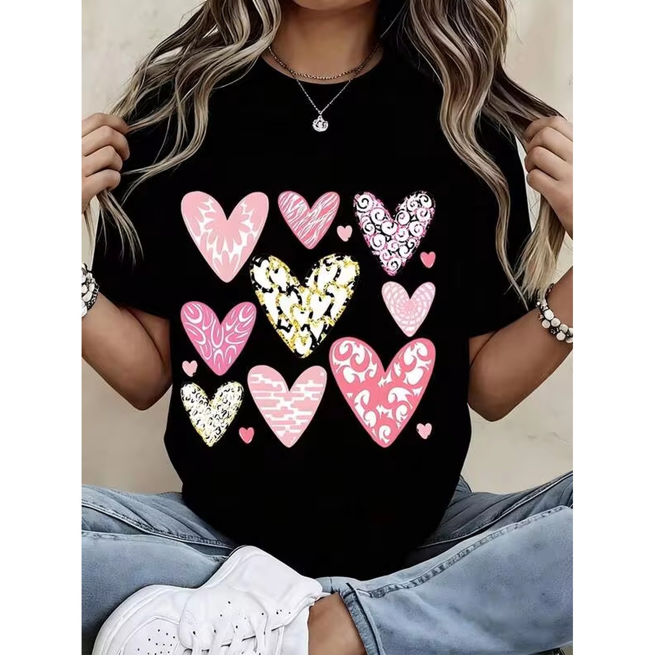 Women'S Fashion Graphic Tees - Damen Schwarzes T-Shirt Valentinstag Herz-Print Kurzarm