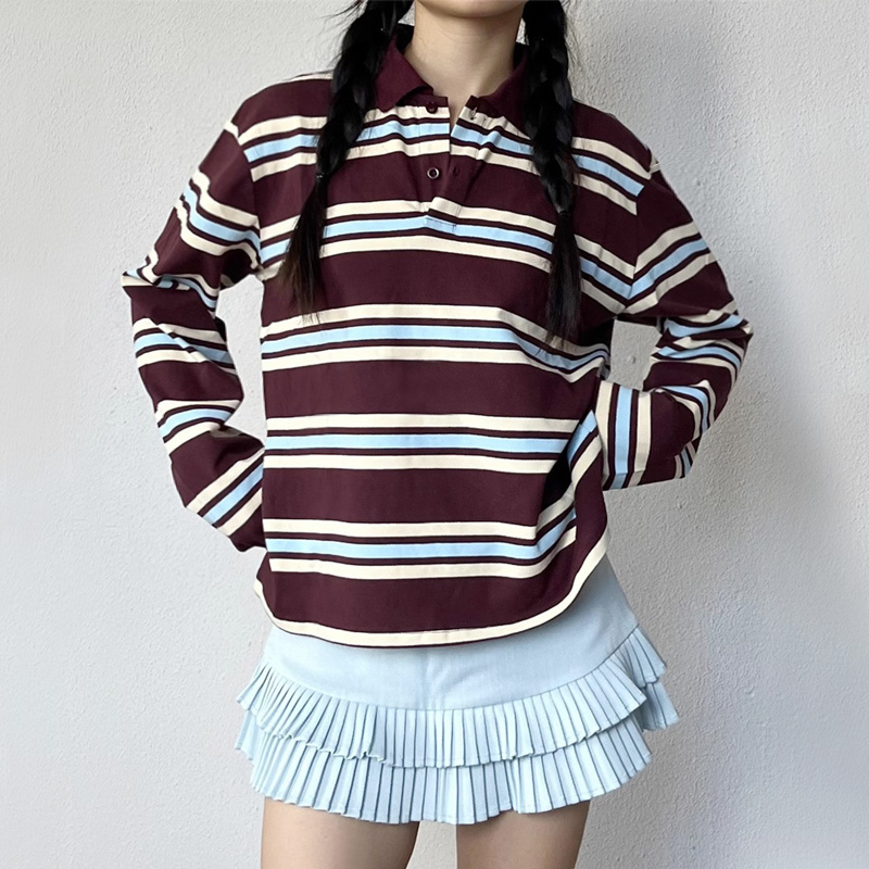 Women'S Fashion Rugby Shirt - Gestreiftes, entspanntes Rugby-Poloshirt für Damen, langärmelig,