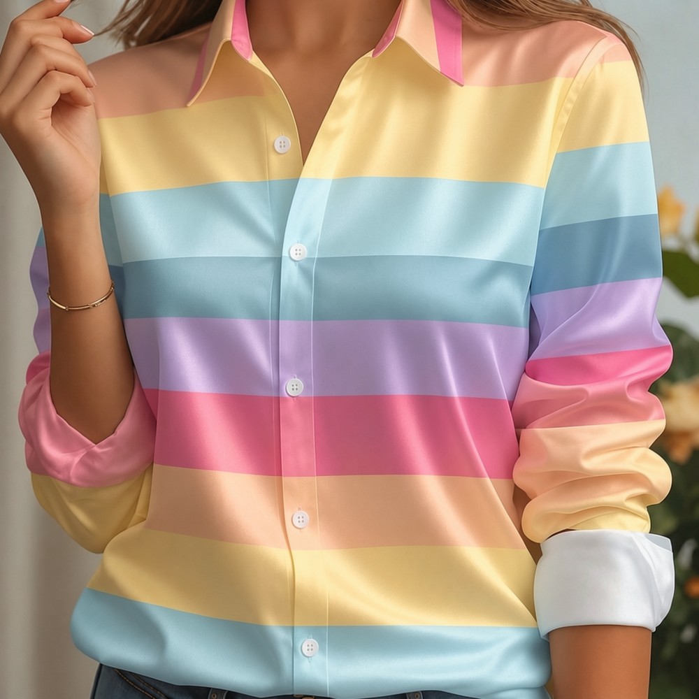 Trend Women Fashion - Damen Satin-Hemdbluse mit Reverskragen, Pastellfarbenem Streifenmuster,