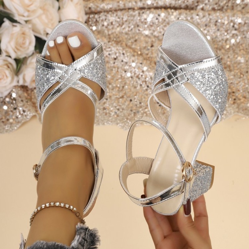 Spaghetti Strap Dress - Damen Blockabsatz-Sandalen Gold Glitzernde Kreuzriemen Knöchelriemen