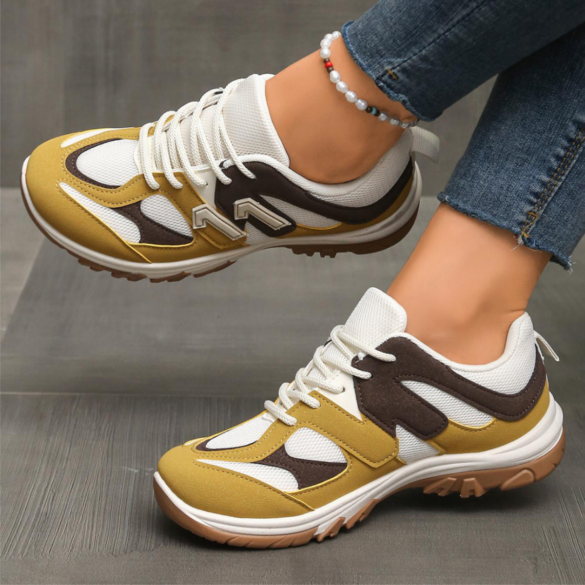 Women'S Yellow Fashion Sneakers - Modische grau-gelbe Mischungsfarbe, rutschfeste Wanderschuhe für