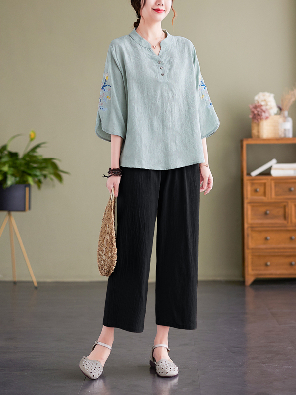 Women Fashion Over The Years - Elegantes besticktes Baumwoll-Leinen-Set mit V-Ausschnitt-Top und