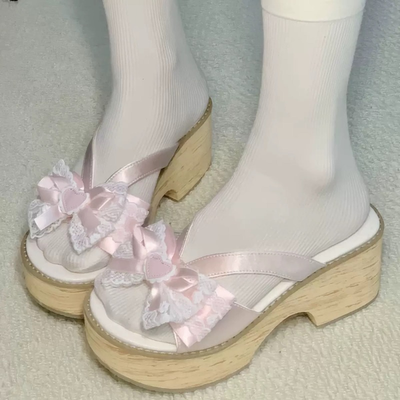 Spaghetti Strap Dress - Süße Schleifen-Holzmaserung Plateau-Slipper für Damen –