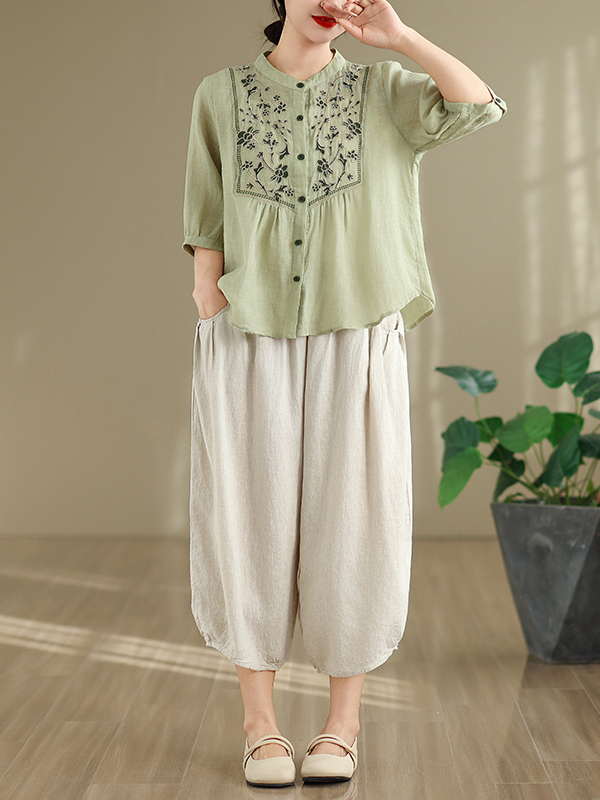 Women Fashion Over The Years - Modisches Baumwoll-Leinen-Set mit Stickerei, locker sitzende