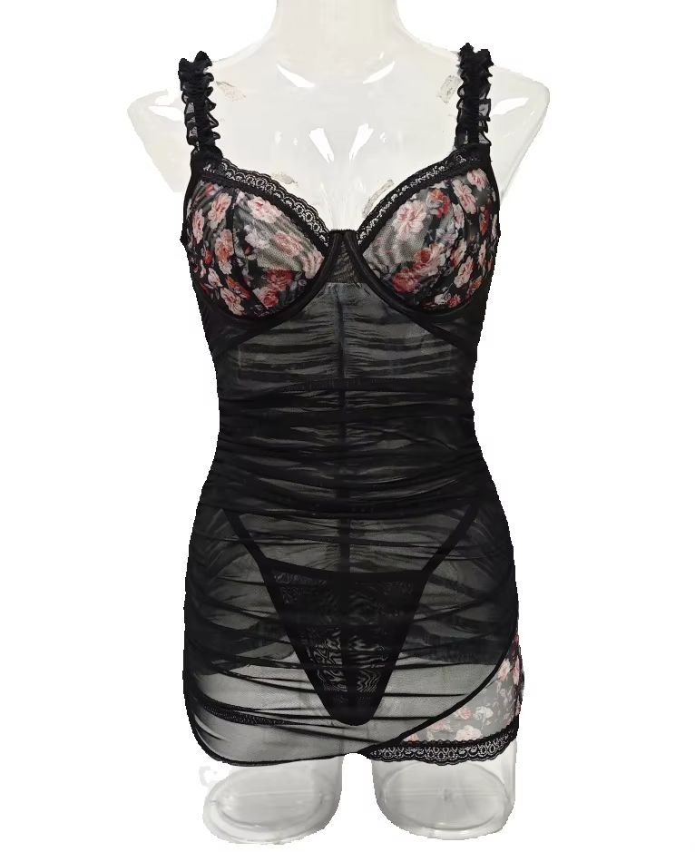 Spaghetti Strap Dress - Damen Spitzen-Dessous-Kleid mit Rüschen, Spaghettiträgern, gerafftem,