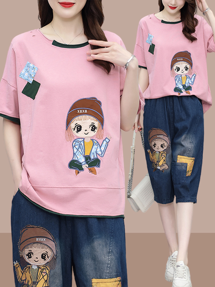 Women Fashion Over The Years - Modisches Patchwork-Kurzarm-T-Shirt und Harlan-Jeans Zweiteiler-Set für