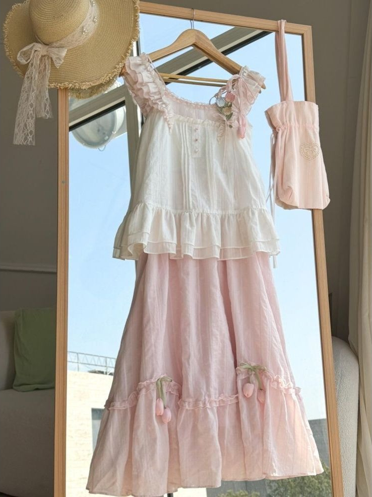 Lace Trim Cami - Süßes Kawaii-Set mit Rüschenbesatz und Tulpendekor,