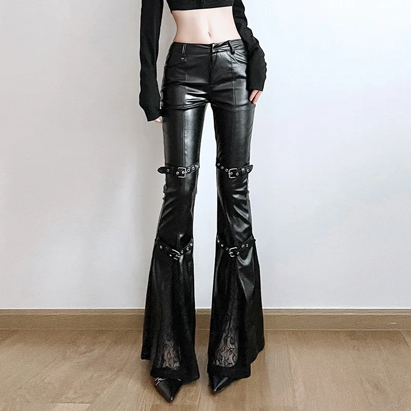 Women'S Y2K Fashion Aesthetic - Schlaghose aus PU-Leder für Damen, Gothic-Schnalle,