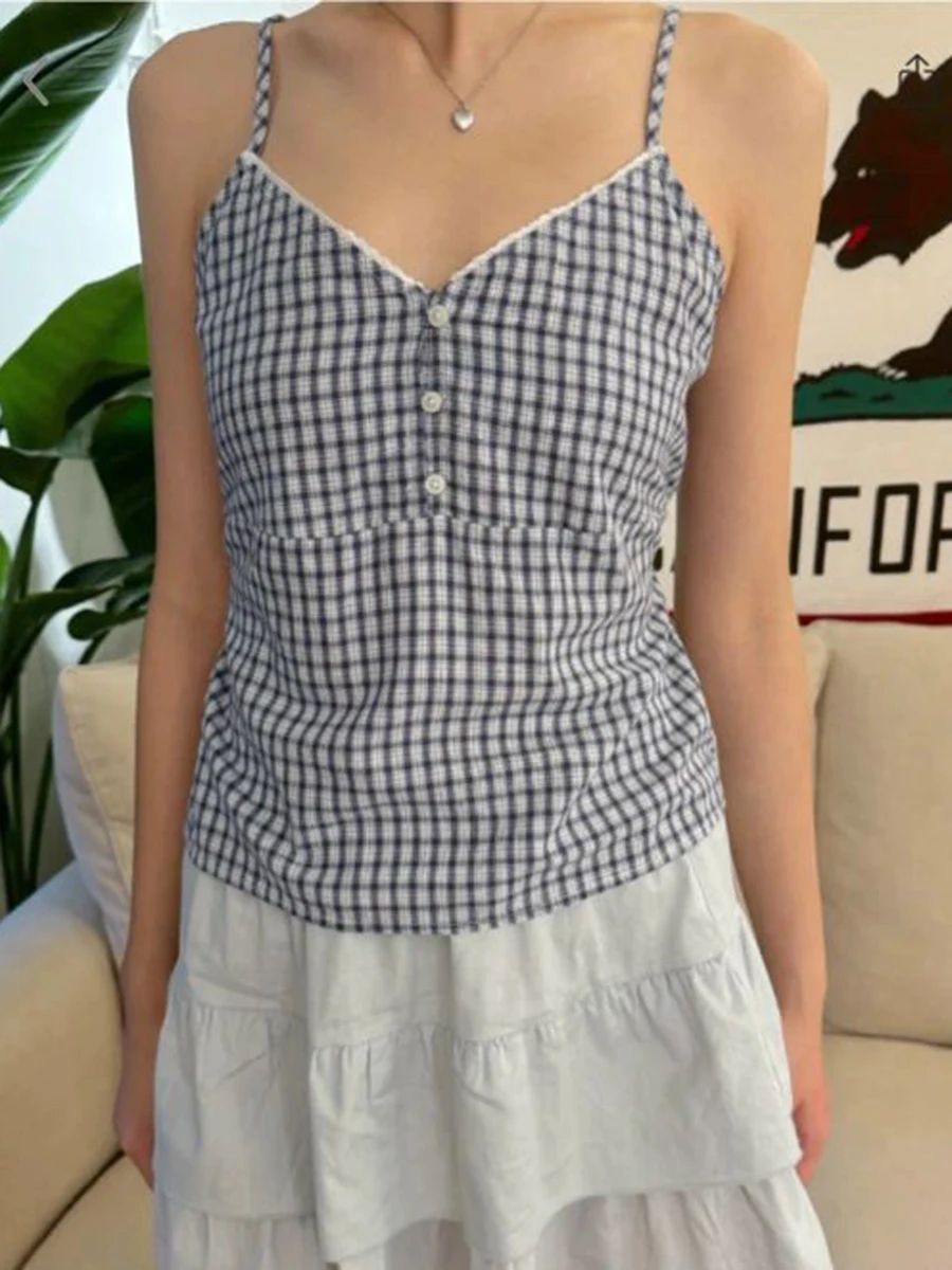 Marineblaue karierte Tank-Shor – Lace Trim Cami Bewertung und Preis