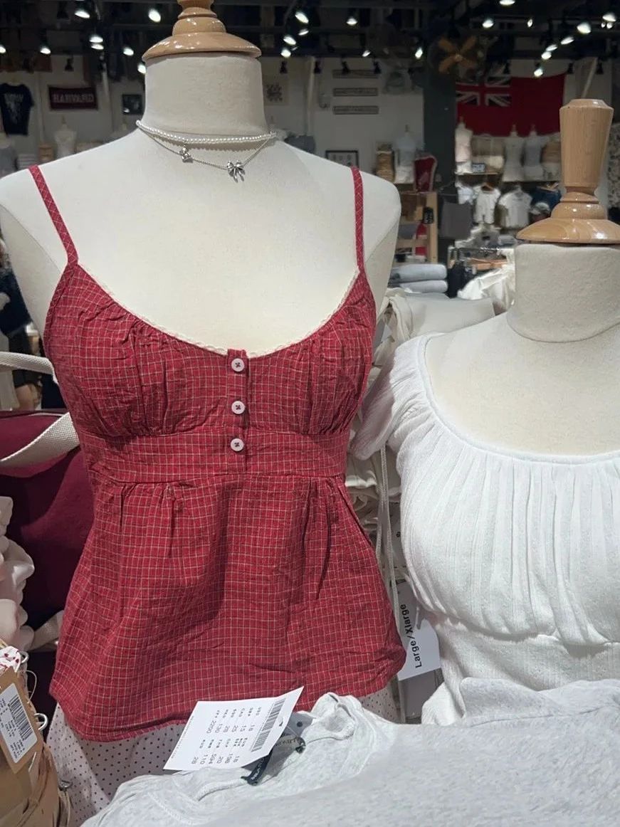 Rot karierte Knöpfe Tank Short – Lace Trim Cami Bewertung und Preis