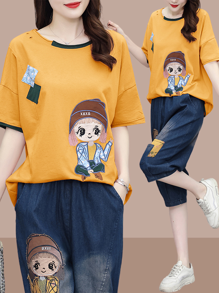 Modisches Patchwork-Kurzarm-T- – Women Fashion Over The Years Bewertung und Preis